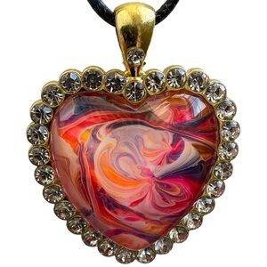 Handmade Heart Pendant Necklace Pink Coral Fluid Art Cabochon Rhinestone Frame